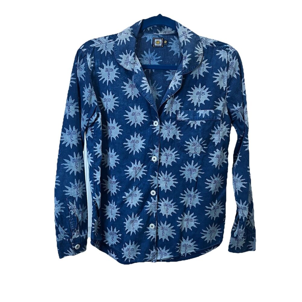 Desmond & Dempsey Shadi Printed Cottonvoile Pajama Shirt Blue Sun Womens Size XS